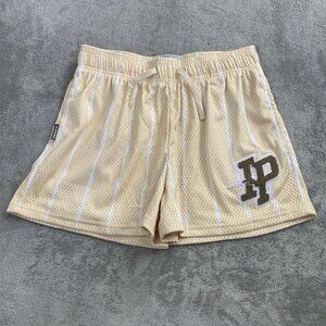 Inaka Power Shorts Womens Small Mesh Pockets Logo Pinstripe Beige Athleisure 3”